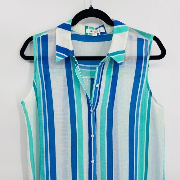 TWO BY VINCE CAMUTO Green Blue White Striped Button Up Sleeveless Swim Cover Up - Picture 3 of 5